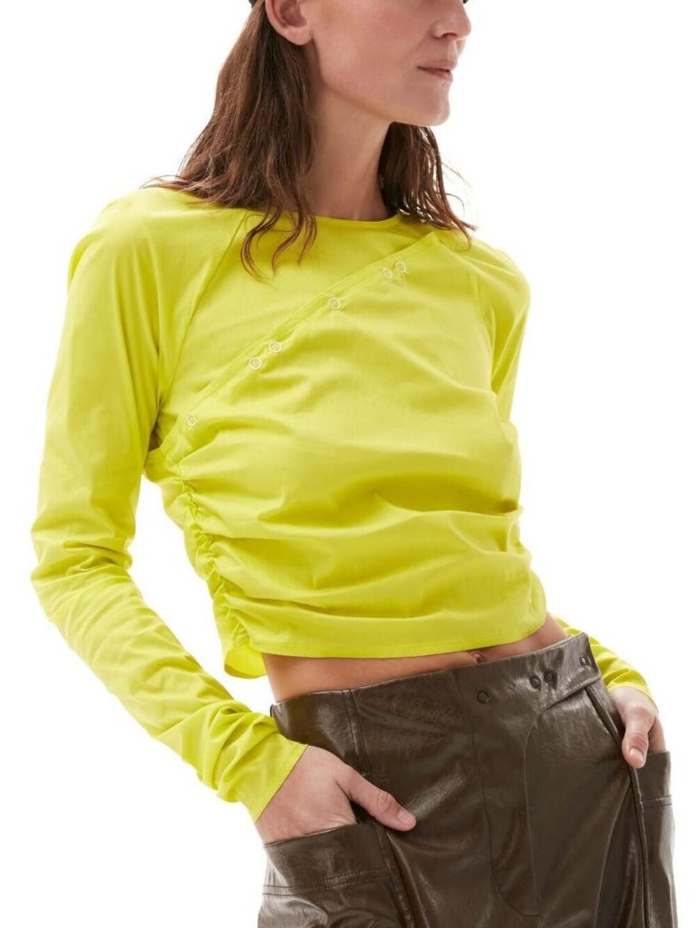 Ganni Sulphur Spring Stretch Cotton Poplin Snap Blouse